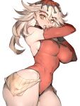  1girl bare_shoulders black_hair black_nails blonde_hair breasts covered_navel covered_nipples detached_sleeves douma_(kimetsu_no_yaiba) elbow_gloves fang fingernails forked_eyebrows fumio_(rsqkr) genderswap genderswap_(mtf) gloves green_eyes hair_between_eyes hat highres kimetsu_no_yaiba large_breasts leotard long_hair long_sleeves looking_at_viewer multicolored_eyes multicolored_hair narrow_waist navel patterned_hair rainbow_eyes red_gloves red_hat red_leotard red_sleeves sharp_fingernails simple_background smile solo text_in_eyes thick_thighs thighs white_background white_hair wide_hips yellow_eyes 