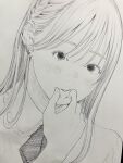  1girl braid closed_mouth collared_shirt commentary_request ear_piercing greyscale hand_up highres long_hair looking_at_viewer monochrome necktie original pen_(medium) photo_(medium) piercing pinching portrait shirt solo straight_hair traditional_media wispy_bangs yoshimizm 