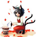  ahoge animal_ears autumn black_hair blush brown_eyes cat_ears cat_tail chen cooking english fish grill hat multiple_tails ribbon shichirin shin_(new) solo tail touhou translated 