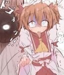  1girl apron arm_at_side arm_ribbon ascot blue_eyes blush blush_stickers bow brown_hair choppy_bangs collared_vest commentary constricted_pupils cowboy_shot curled_fingers disembodied_eye emphasis_lines fairy_wings fang frilled_sleeves frilled_vest frills hair_between_eyes hair_ribbon hairband hand_up highres hole_in_wall horrified isgod long_sleeves looking_ahead maid_headdress medium_hair obi open_mouth parted_lips puffy_sleeves raised_eyebrows red_ribbon red_sash red_skirt ribbon sash scared shirt skirt solo sound_effects speech_bubble staring sun_symbol sunny_milk sweat teardrop touhou transparent_wings turn_pale twintails twitching vest waist_apron waist_bow white_apron white_bow white_hairband white_shirt wide_sleeves wings yellow_ascot 