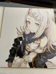  1girl bare_shoulders contrast_(idolmaster) flat_chest gakuen_idolmaster idolmaster long_hair looking_at_viewer photo_(medium) rage_(rojiura) shikishi shinosawa_hiro sitting smile solo traditional_media wariza white_eyes white_hair 