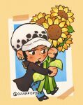  1boy black_coat black_eyes black_hair blue_pants chibi chibi_only chunafishy closed_mouth coat earrings facial_hair flower full_body goatee hand_tattoo hat jewelry long_sideburns long_sleeves male_focus one_piece pants short_hair sideburns solo sunflower tattoo trafalgar_law twitter_username white_hat 