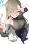  1girl absurdres alternate_costume asuna_(blue_archive) bare_shoulders blonde_hair blue_archive blue_halo blue_scrunchie bracelet breasts commentary denim doodle_sensei_(blue_archive) dot_nose double_v eyes_visible_through_hair from_above full_body grey_sweater hair_over_one_eye halo happy high_collar highres jeans jewelry large_breasts long_hair looking_at_viewer pants parted_bangs scrunchie sensei_(blue_archive) smile socks solo standing sweater takusaku teeth v white_socks wrist_scrunchie 