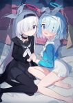  2girls @_@ arm_support arona_(blue_archive) bare_legs barefoot bed_sheet black_choker black_coat black_eyes black_hairband black_pantyhose black_sailor_collar black_serafuku black_shirt black_shoes black_skirt blue_archive blue_eyes blue_hair blue_halo blue_shirt blush bow bow_hairband bowtie braid choker coat commentary_request crack_of_light cropped_shirt dot_nose frilled_pillow frills from_side frown full_body hair_bow hair_over_one_eye hair_over_shoulder hairband halo heart heart-shaped_pillow high-waist_skirt highres holding_hands interlocked_fingers loafers long_hair long_sleeves looking_at_viewer looking_to_the_side miniskirt multiple_girls neckerchief nose_blush on_bed one_eye_covered open_clothes open_coat open_mouth pale_skin pantyhose penny_loafers pillow plana_(blue_archive) pleated_skirt raised_inner_eyebrows red_halo red_pupils sailor_collar scared school_uniform serafuku shirt shoes short_braid short_hair side_braid single_braid sitting skirt skirt_set soles star-shaped_pillow sweatdrop swept_bangs tearing_up tears trembling turning_head very_long_hair wavy_mouth white_bow white_bowtie white_choker white_hair white_hairband white_neckerchief white_sailor_collar white_skirt yansuiyuluo yokozuwari 