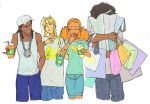  2boys 2girls bag baseball_cap blonde_hair brown_hair cindy_mcphearson commentary cowboy_shot cup dark-skinned_male dark_skin disposable_cup drink hat highres holding holding_bag holding_drink huey_freeman jab3302 jazmine_dubois looking_at_another multiple_boys multiple_girls orange_hair riley_freeman shopping_bag simple_background tank_top the_boondocks walking white_background 