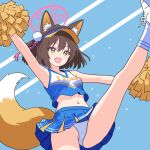 1girl :d alternate_costume animal_ear_fluff animal_ears arm_up blue_archive blue_background blue_shirt blue_skirt blue_visor_cap blush breasts brown_hair character_name cheerleader commentary_request ears_through_headwear fang fox_ears fox_girl fox_tail halo hand_up highres holding holding_pom_poms izuna_(blue_archive) leg_up midriff miniskirt navel ochazuke_(artist) one_side_up open_mouth panties pantyshot pink_halo pleated_skirt pom_pom_(cheerleading) shirt shoes skin_fang skirt sleeveless sleeveless_shirt small_breasts smile socks solo tail underwear visor_cap white_panties white_shoes white_socks yellow_eyes 