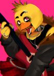  1girl absurdres artissijam beak black_jacket chica chicken_girl commentary english_commentary eyebrow_piercing eyelashes eyeliner face_piercing feathers five_nights_at_freddy's guitar highres holding holding_guitar holding_instrument instrument jacket jewelry looking_at_viewer makeup multiple_rings open_mouth piercing pink_background plaid_clothes plaid_skirt red_skirt ring skirt smile yellow_feathers 