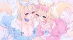  2girls ahoge all_fours animal_ear_fluff animal_ears bandaid bandaid_on_leg bandaid_on_thigh blonde_hair blue_bow blue_choker blue_eyes blue_jacket blue_nails blue_nightgown blue_ribbon blue_streaks blush bow braid breasts choker cleavage commentary criss-cross_straps crossed_bangs dnis_he0 dog_ears dog_girl dog_tail dot_nose english_commentary fang frilled_thigh_strap fuwawa_abyssgard hair_between_eyes hair_intakes hair_ornament hairband hairclip highres holding_hands hololive hololive_english interlocked_fingers jacket large_breasts long_hair looking_at_viewer mococo_abyssgard multicolored_hair multiple_girls nightgown open_mouth pink_bow pink_choker pink_eyes pink_jacket pink_nails pink_shorts pink_streaks ribbon short_hair shorts simple_background skin_fang sleep_mask small_breasts streaked_hair tail thigh_strap thighhighs white_hairband white_thighhighs 