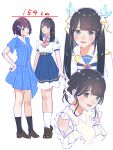 2girls absurdres animification aqua_eyes azabu_mai black_hair black_shoes blue_jacket blue_skirt closed_mouth commentary_request dou-da?_doing! endo_rina fujiwaland full_body grey_eyes height height_connection highres ikizulive!_love_live!_bluebird jacket lips long_hair looking_at_viewer love_high_school_uniform love_live! miniskirt multiple_girls multiple_views neckerchief pink_neckerchief pinstripe_jacket pinstripe_pattern pinstripe_skirt puffy_short_sleeves puffy_sleeves real_life school_uniform shirt shoes short-sleeved_jacket short_sleeves skirt smile voice_actor voice_actor_connection what_is_my_life?_(love_live!) white_shirt 