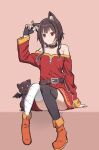  1girl animal_ear_fluff animal_ears asymmetrical_legwear bandaged_leg bandages bare_shoulders belt black_cat black_collar blunt_bangs boots brown_belt brown_hair button_eyes buttons cat cat_ears chomusuke closed_mouth collar commentary_request dress fingerless_gloves gloves highres kono_subarashii_sekai_ni_shukufuku_wo! long_sleeves looking_at_viewer megumin mismatched_legwear off_shoulder puteme red_dress red_eyes short_dress short_hair short_hair_with_long_locks simple_background single_off_shoulder single_thighhigh sitting thighhighs winged_cat 