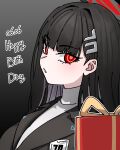  1girl absurdres black_hair black_jacket blazer blue_archive box commentary_request english_text gift gift_box halo highres jacket long_hair looking_at_viewer neophyte open_mouth red_eyes ringed_eyes rio_(blue_archive) solo sweater turtleneck turtleneck_sweater white_sweater 