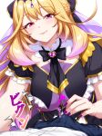  1boy 1girl absurdres alternate_breast_size_(larger) black_bow black_bowtie black_necktie black_pants blonde_hair bow bowtie braid breasts bulge bulge_press bulges_touching capelet closed_mouth commentary_request commission cure_arcana_shadow diamond_hairband erection erection_under_clothes frilled_capelet frills gradient_hair hair_between_eyes half_up_braid highres large_breasts long_hair looking_at_viewer meitantei_precure! moria_luluka multicolored_hair necktie pants pixiv_commission pov pov_crotch precure purple_eyes purple_hair purple_veil shirt sho2 simple_background smile sound_effects veil white_background white_shirt 