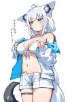  1girl absurdres ahoge animal_ear_piercing animal_ears aqua_eyes bikini bikini_bottom_under_shorts bikini_under_clothes black_ribbon blue_jacket blush braid breasts closed_mouth commentary_request deaver double-parted_bangs extra_ears fox_ears front-tie_bikini_top front-tie_top hair_between_eyes hair_ribbon highres hololive jacket long_hair low_ponytail off_shoulder open_fly pentagram ponytail ribbon shirakami_fubuki short_shorts shorts side_braid simple_background solo swimsuit thigh_strap translation_request two-sided_fabric two-sided_jacket virtual_youtuber white_background white_bikini white_hair white_jacket white_shorts 