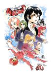  1980s_(style) absurdres afro black_hair blonde_hair blue_eyes blue_visor commentary_request cosmo_yuki densetsu_kyojin_ideon derivative_work faux_retro_artstyle gije_zaral green_hair harulu_ajiba highres ideon karala_ajiba kitty_kitten laylafgore logo looking_at_viewer mecha multiple_boys multiple_girls orange_hair purple_hair reaching reaching_towards_viewer red_hair retro_artstyle robot scan science_fiction sheryl_formosa space spacesuit super_robot title traditional_media zero_gravity 
