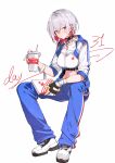  1girl absurdres bandaged_wrist bandages black_choker black_gloves blue_pants book character_request check_character chinese_commentary choker collarbone collared_shirt colored_inner_hair commentary cropped_shirt crossed_bangs cup disposable_cup dress_shirt drinking_straw earrings fingerless_gloves full_body gloves hair_between_eyes highres holding holding_book holding_cup jacket jewelry looking_at_viewer looking_to_the_side midriff ming_(strinova) multicolored_hair navel open_clothes open_jacket pants poxiao_buff red_eyes red_hair shirt shoes short_hair single_glove sitting smile sneakers solo strinova stud_earrings track_jacket track_pants two-tone_hair venus_symbol white_hair white_shirt white_shoes 