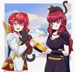  2girls :d :q absurdres anna_(fire_emblem) anna_(fire_emblem_heroes) breasts cape cat cleavage commentary commission english_commentary fire_emblem fire_emblem_engage fire_emblem_heroes gold_bar highres marywutoons medium_breasts monocle multiple_girls outdoors red_eyes red_hair second-party_source smile tongue tongue_out yunaka_(fire_emblem) 