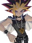  1boy absurdres bare_arms belt belt_buckle black_hair black_tank_top blonde_hair bracelet buckle capelet chain chain_necklace closed_mouth collarbone colored_bangs highres ihbisk6 jewelry male_focus millennium_puzzle multicolored_hair multiple_belts necklace peacock_hair pink_hair purple_eyes solo spiked_hair studded_bracelet tank_top upper_body white_background yami_yugi yu-gi-oh! yu-gi-oh!_duel_monsters 