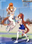  absurdres alternate_costume animal_ears ball basketball_(object) basketball_(sport) blue_eyes blurry blurry_background breasts brown_hair daiwa_scarlet_(umamusume) dong_(art_woodong) english_commentary hair_ornament high_ponytail highres holding holding_ball horse_ears horse_girl horse_tail jumping looking_up outdoors pants ponytail recording red_eyes shirt smile star_(symbol) star_hair_ornament taiki_shuttle_(umamusume) tail thighhighs twintails umamusume white_pants white_shirt white_thighhighs 