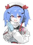  1girl :d blue_gloves blue_hair blush colphne_(girls'_frontline_2) girls'_frontline girls'_frontline_2:_exilium gloves hat jacket long_sleeves open_mouth red_eyes shimosuke simple_background sketch smile solo twintails upper_body white_background white_hat white_jacket 