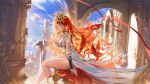  1girl architecture arm_armor armor augusta_(wuthering_waves) bird black_collar blue_sky breastplate breasts collar column commentary day dress earrings english_commentary greco-roman_clothes hair_between_eyes headgear highres jewelry large_breasts looking_at_viewer orange_hair parted_lips paulluxh pillar red_eyes sideboob sitting sky solo sun_earrings thighs white_dress wuthering_waves 