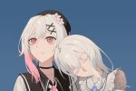  2girls beret bib_collar black_choker black_coat black_hat blue_background capelet choker closed_eyes coat collared_coat colored_eyelashes commentary_request flower gradient_hair hair_flower hair_ornament hat hat_flower highres long_hair mahou_shoujo_no_majo_saiban multicolored_hair multiple_girls neck_ribbon pink_eyes pink_hair ribbon sakuraba_ema shirt short_hair simple_background sleeping sleeping_on_person sleeveless sleeveless_coat spoilers tsukishiro_yuki user_hwaa2484 very_long_hair white_capelet white_eyelashes white_flower white_hair white_ribbon white_shirt x_hair_ornament yuri 