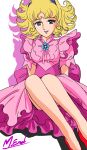  1970s_(style) 1girl absurdres blonde_hair blue_eyes bow brooch curly_hair dress drop_shadow flats flower frilled_dress frilled_sleeves frills hair_ornament hairclip hana_no_ko_lunlun highres jewelry juliet_sleeves long_sleeves looking_at_viewer lunlun_(hana_no_ko_lunlun) magical_girl masaaki_endo no_socks pink_dress puffy_sleeves red_shoes retro_artstyle shoes short_hair short_sleeves signature sitting smile solo white_background 