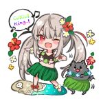  1girl :d ;d animal bare_shoulders barefoot beamed_eighth_notes black_hair blush_stickers breasts chibi commentary_request dancing dog fang flower grass_skirt green_flower grey_hair hair_flower hair_ornament long_hair lowres medium_breasts mito_(go!go!king!) multicolored_hair musical_note one_eye_closed original pink_flower red_eyes red_flower red_hair seashell shell shinigami_(mito_(go!go!king!)) simple_background smile solo streaked_hair twintails very_long_hair water white_background white_flower 