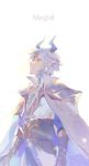  1boy armor black_cape black_gloves blue_cape blue_corset blue_eyes blue_horns blue_pants blue_scales blue_shirt blue_skin cape center_opening character_name chinese_commentary closed_mouth coat collared_shirt colored_skin commentary_request contrast_collar corset cowboy_shot dragon_boy dragon_horns ear_piercing earrings gloves gold_earrings happy high_collar highres horns infinity_nikki jewelry light_particles looking_ahead male_focus meghill_(infinity_nikki) multicolored_skin necklace nikki_(series) pants parksolian_(infinity_nikki) pauldrons piercing pointy_ears pointy_nose shirt shoulder_armor simple_background sleeveless sleeveless_coat smile solo standing tsuki0219 two-sided_cape two-sided_fabric two-tone_skin upturned_eyes white_background white_coat 