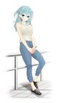  1girl absurdres against_railing alternate_costume aqua_eyes aqua_hair bare_arms bare_shoulders beads black_shoes blue_pants blush breasts casual commentary_request contrapposto cross-laced_shoes cup denim disposable_cup earrings full_body hair_beads hair_behind_ear hair_between_eyes hair_ornament highres hirocchi holding holding_cup interlocked_fingers jeans jewelry large_breasts long_hair looking_at_viewer no_socks one_side_up open_clothes pants parted_lips railing ribbed_shirt riddle_joker shikibe_mayu shirt shoes sidelocks simple_background sleeveless sleeveless_shirt sneakers solo standing v_arms white_background white_shirt 