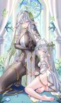  2girls absurdres ahoge alternate_breast_size_(larger) alternate_costume alternate_hair_length_(longer) backless_outfit bare_shoulders barefoot black_bodystocking black_gloves blue_flower blush bodystocking braid breasts bridal_gauntlets bug butterfly chinese_commentary column commentary_request cross cross-shaped_pupils detached_sleeves elbow_gloves flower from_side genshin_impact gloves gold_trim green_butterfly green_eyes green_hair hair_between_eyes hair_intakes hair_ornament highres holding holding_cross huge_breasts jndfh kneeling leaf_hair_ornament long_hair looking_at_viewer looking_to_the_side multicolored_hair multiple_girls nahida_(genshin_impact) open_mouth pelvic_curtain pillar pointy_ears rukkhadevata_(genshin_impact) small_breasts stained_glass symbol-shaped_pupils very_long_hair white_bridal_gauntlets white_flower white_hair white_sleeves 