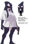  1girl asuka_mii_(dr.rabbit) black_sclera breasts colored_sclera commentary desert_eagle dr.rabbit english_text furry furry_female gun handgun holding holding_gun holding_weapon large_breasts orca_girl original red_eyes shirt simple_background standing unamused weapon white_background white_shirt 