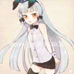  1girl alternate_costume animal_ears ark_kan arms_behind_back bare_shoulders black_bow black_bowtie black_ribbon black_skirt black_thighhighs blue_hair blunt_bangs blush bow bowtie breasts collared_shirt commentary_request dated fake_animal_ears hair_ribbon kantai_collection long_hair looking_at_viewer miniskirt murakumo_(kancolle) open_mouth orange_eyes pencil_skirt rabbit_ears ribbon shirt sidelocks signature simple_background skirt sleeveless small_breasts solo thighhighs tress_ribbon very_long_hair white_shirt wrist_cuffs 