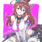  1girl ahoge animal_ears bare_shoulders blue_eyes blush breasts brown_hair character_name collarbone commentary_request detached_sleeves grey_hairband grey_leotard grey_skirt grey_sleeves hair_between_eyes hairband highleg highleg_leotard highres horse_ears horse_girl horse_tail large_breasts leotard long_hair looking_at_viewer lowleg lowleg_skirt mihono_bourbon_(mb-19890425)_(umamusume) mihono_bourbon_(umamusume) necktie open_mouth panch4989new pink_necktie revision silver_hairband skirt solo tail thighhighs umamusume white_leotard white_thighhighs 
