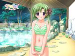  ahoge bikini blush breast_squeeze breasts cleavage green_hair large_breasts navel non-web_source official_art onsen purple_eyes shigure_asa short_hair shuffle! solo striped striped_bikini suzuhira_hiro swimsuit third-party_edit tongue wallpaper 