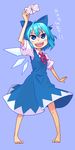 barefoot blue_eyes blue_hair bow cirno feet hair_bow origami roku_(warrock) solo touhou translated wings 