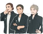  3boys absurdres arm_behind_head azumane_asahi black_jacket brown_eyes brown_hair bunnying_182 closed_eyes closed_mouth collared_jacket commentary_request crew_neck cropped_torso crossed_arms facial_hair goatee grey_hair grin haikyuu!! hair_bun highres jacket long_sleeves male_focus mole mole_under_eye multiple_boys open_clothes open_jacket open_mouth partially_unzipped popped_collar round_teeth sawamura_daichi shirt short_hair simple_background smile sugawara_koushi t-shirt teeth twitter_username upper_teeth_only very_short_hair white_background white_shirt 