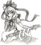  arm_ribbon eku front_ponytail graphite_(medium) greyscale guitar hair_ribbon instrument kagiyama_hina mask monochrome ribbon sketch smirk solo touhou traditional_media 