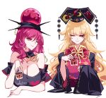  2girls alternate_breast_size_(larger) bare_shoulders black_dress black_hat black_shirt blonde_hair breasts chain chinese_clothes cleavage closed_mouth clothes_writing commentary_request cup dalachi_(headdress) dress drinking_glass gold_chain hat hecatia_lapislazuli highres holding holding_cup huge_breasts junko_(touhou) long_hair long_sleeves multiple_girls neck_ribbon off-shoulder_shirt off_shoulder one_eye_closed raptor7 red_eyes red_hair red_tabard ribbon shirt simple_background smile t-shirt tabard touhou underworld_(ornament) upper_body white_background wide_sleeves yellow_ribbon 