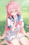  1girl absurdres ahoge barefoot blue_archive blue_sailor_collar blush bow bowtie braid breasts double-parted_bangs feet finger_to_mouth gradient_hair grass green_eyes hair_between_eyes hair_bow halo hanako_(blue_archive) haniwa_(statue) heart heart_in_eye highres huge_breasts index_finger_raised lens_flare long_hair looking_at_viewer miniskirt multicolored_hair on_ground pink_bow pink_bowtie pink_hair pink_halo pouch sailor_collar school_uniform serafuku single_braid sitting skirt solo symbol_in_eye tilted_halo trinity_general_school_logo very_long_hair wariza white_bow white_serafuku white_skirt xiongji_z_z 