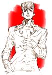  1boy closed_mouth gakuran greyscale_with_colored_background higashikata_josuke jojo_no_kimyou_na_bouken kotteri male_focus pompadour red_background red_eyes school_uniform simple_background solo upper_body 