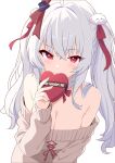  1girl absurdres armpit_crease awa_(vtuber) bare_shoulders blush box breasts brown_sweater cleavage closed_mouth cloud_hair_ornament commentary_request crossed_bangs gift hair_between_eyes hair_flowing_over hair_ornament hair_ribbon hand_up happy_valentine heart-shaped_box highres holding holding_gift long_hair long_sleeves looking_at_viewer medium_breasts off-shoulder_sweater off_shoulder project-sp red_eyes red_ribbon ribbon sweater two_side_up upper_body white_background white_hair wucandan_de_gangtanke 