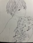  1girl androgynous bouquet closed_mouth commentary_request crossed_bangs expressionless flower greyscale hand_up highres holding holding_bouquet looking_at_viewer looking_to_the_side monochrome nude one_eye_closed original pen_(medium) photo_(medium) rose short_hair solo traditional_media turning_head very_short_hair yoshimizm 