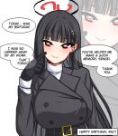  1girl aria_(sha_riac) belt black_coat black_gloves black_hair blue_archive blunt_bangs blush coat commentary english_commentary english_text gloves hair_ornament hairclip halo happy_birthday long_hair looking_at_viewer red_eyes ribbed_sweater ringed_eyes rio_(blue_archive) rio_(winter)_(blue_archive) smile sweater turtleneck turtleneck_sweater white_sweater zoom_layer 