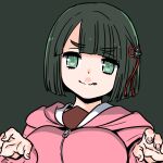  1girl :q bloom_garden_party_jacket blunt_bangs blunt_ends bob_cut breasts brown_dress claw_pose closed_mouth commentary_request dress green_background green_eyes green_hair hasu_no_sora_school_uniform hood hooded_jacket jacket large_breasts long_sleeves looking_at_viewer love_live! love_live!_hasu_no_sora_jogakuin_school_idol_club love_live!_hasu_no_sora_jogakuin_school_idol_club_bloom_garden_party momose_ginko pink_jacket sailor_collar school_uniform shinanoya_(satanicad) short_hair simple_background smile solo split_mouth tongue tongue_out upper_body v-shaped_eyebrows white_sailor_collar winter_uniform 