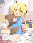  1girl baby_bottle bag black_horns black_ribbon black_tail black_wings blonde_hair blue_archive blue_shirt bobby_socks bottle character_name commentary demon_girl demon_horns demon_tail demon_wings halo highres holding holding_bottle holding_stuffed_toy horns ibuki_(blue_archive) kindergarten_uniform kneehighs long_hair long_sleeves looking_at_viewer makuran name_tag open_mouth peroro_(blue_archive) pink_bag plate pointy_ears puffy_long_sleeves puffy_sleeves ribbon shirt shoulder_bag side_ponytail sitting socks solo stuffed_animal stuffed_toy tail teddy_bear wariza white_socks wings yellow_eyes yellow_halo 