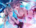  2girls animal_ears bare_shoulders bikini bikini_skirt blush braid braided_hair_rings breast_envy breast_size_difference breasts brown_hair casual_one-piece_swimsuit cleavage closed_mouth collarbone commentary_request daiwa_scarlet_(mini_vacation)_(umamusume) daiwa_scarlet_(umamusume) fang frilled_bikini frilled_one-piece_swimsuit frills front-tie_bikini_top front-tie_top hair_intakes hair_ornament hair_rings highres horse_ears horse_girl horse_tail large_breasts long_hair mizutsuki_arika multiple_girls navel official_alternate_costume one-piece_swimsuit open_mouth purple_eyes purple_one-piece_swimsuit red_bikini red_eyes small_breasts sweep_tosho_(it's_all_mine!)_(umamusume) sweep_tosho_(umamusume) swimsuit tail twintails umamusume very_long_hair water 