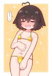  1girl ahoge bikini blush border brown_hair closed_eyes collarbone commentary_request cowboy_shot crossed_bangs fang flat_chest flying_sweatdrops gold_bikini hair_between_eyes heart heart_ahoge highres mole mole_under_eye naga_u naga_u-chan navel nose_blush open_mouth original outside_border short_hair solo sparkle speech_bubble string_bikini swimsuit thick_eyebrows thought_bubble translation_request white_border yellow_background 