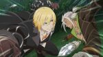  2boys artist_request black_coat black_pants blonde_hair blue_eyes boots brown_boots brown_gloves canon_event coat collarbone commentary dark-skinned_male dark_skin eizen_(tales) english_commentary game_asset gloves gradient_hair green_hair looking_at_another male_focus multicolored_hair multiple_boys official_art orange_shirt pants shirt short_hair tales_of_(series) tales_of_berseria tales_of_the_rays tattoo teeth third-party_source white_hair zaveid_(tales) 