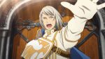  1boy artist_request artorius_collbrande belt blue_eyes brown_belt canon_event commentary day elbow_gloves english_commentary game_asset gloves gold_trim grey_hair long_hair looking_ahead male_focus official_art open_mouth outdoors reaching solo sunlight tales_of_(series) tales_of_berseria tales_of_the_rays teeth third-party_source upper_body upper_teeth_only white_gloves wooden_door 