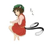  animal_ears barefoot brown_eyes brown_hair cat_ears cat_tail chen earrings hat iwamochi jewelry looking_back multiple_tails short_hair smile solo tail touhou 